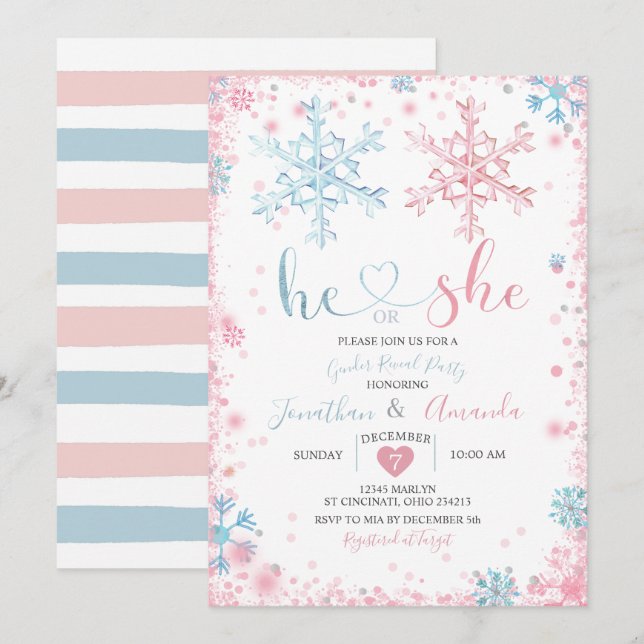 Gender Reveal He or She Winter Snowflakes Invitation (Front/Back)