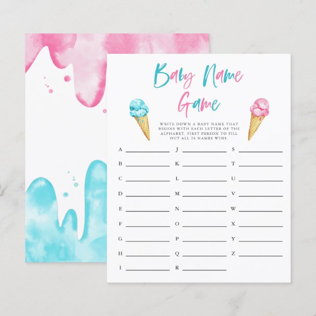 Gender Reveal Ice Cream Baby Name Shower Game  (Front/Back)