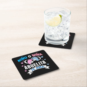 Gender Reveal in Spanish Square Paper Coaster