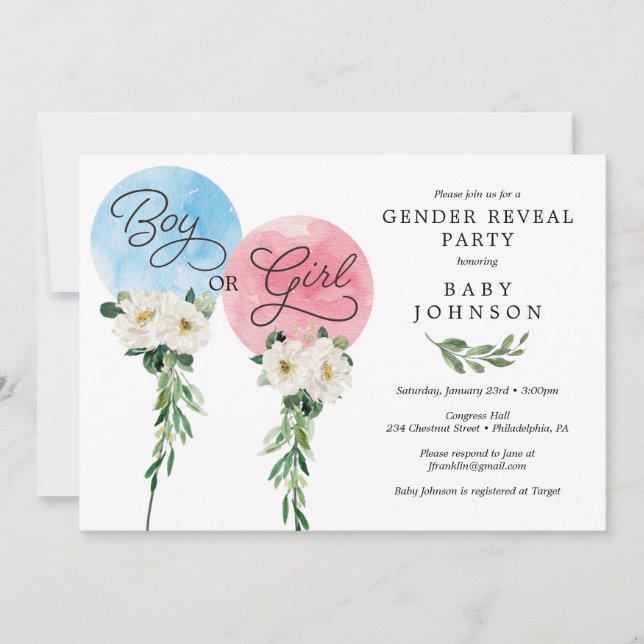 Gender Reveal Invitation Baby Shower Pink or Blue (Front)