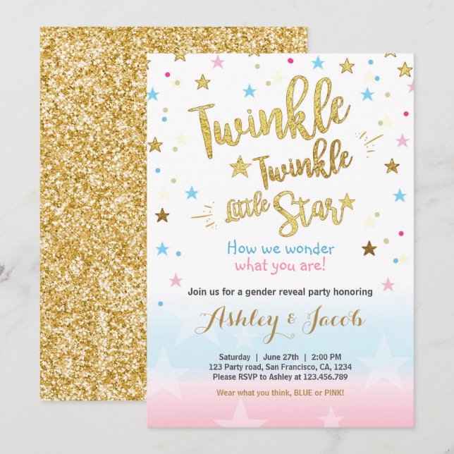 Gender reveal invitation Baby shower Stars Moon (Front/Back)