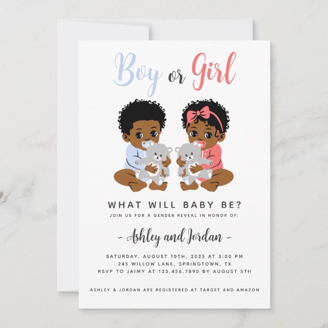 Gender Reveal Invitation Black Babies with Bears (Front)
