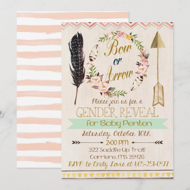 Gender Reveal Invitation, Bows or Arrows, Tribal Invitation (Front/Back)