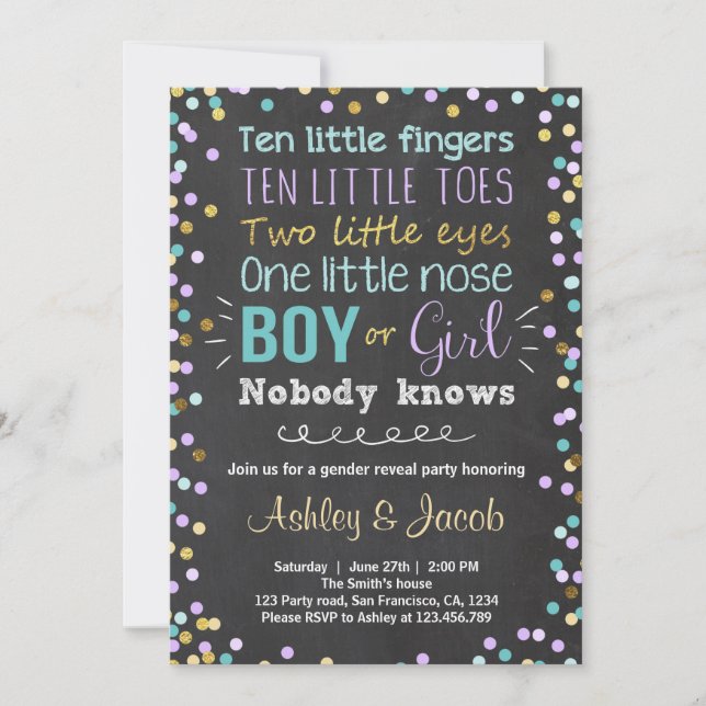 Gender reveal invitation Boy or Girl Purple Teal (Front)