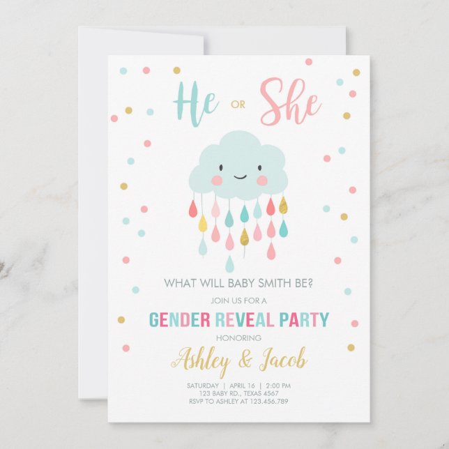 Gender Reveal Invitation Cloud Rain Drops Colours (Front)
