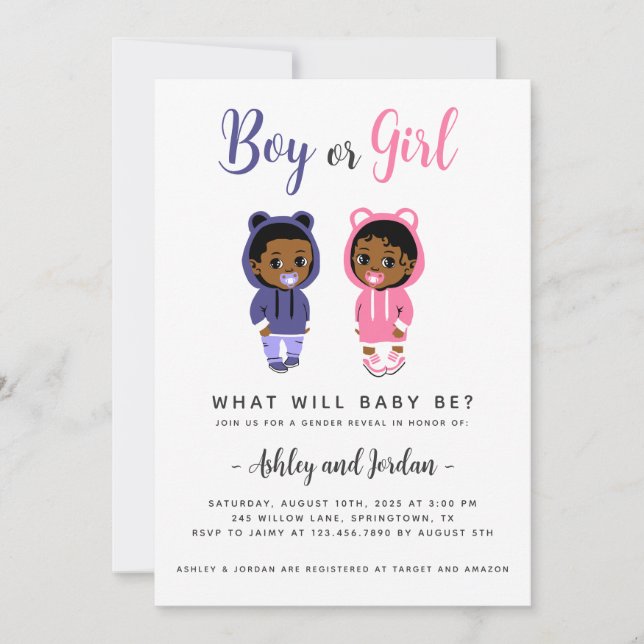 Gender Reveal Invitation Cool Black Babies (Front)