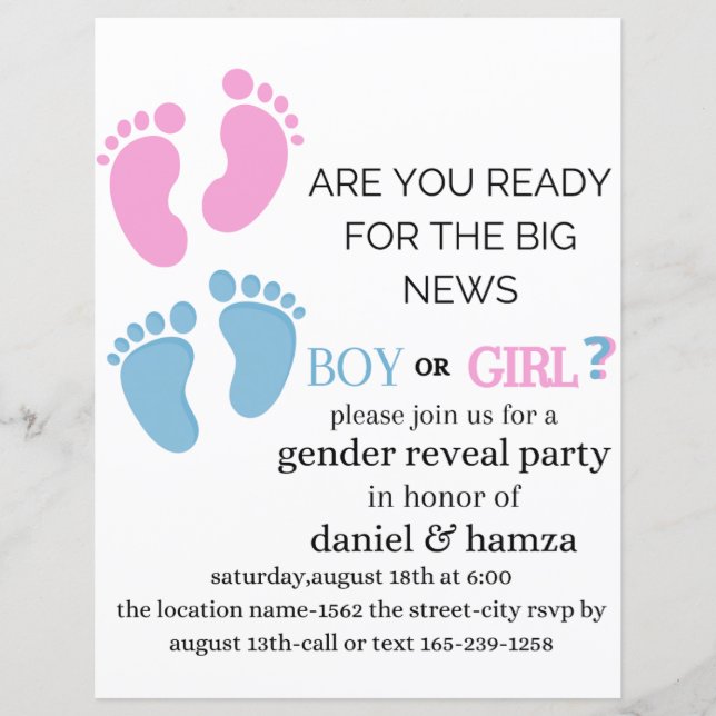 gender reveal invitation, he or she invite, feet (Front)