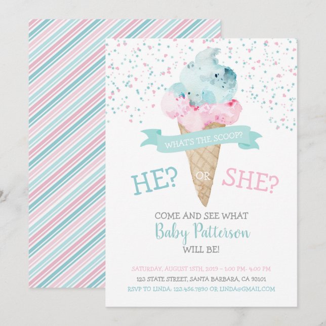 Gender Reveal Invitation Ice Cream Party (Front/Back)