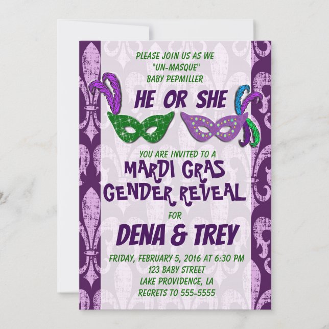 Gender Reveal Invitation, Marid Gras Gender Reveal Invitation (Front)
