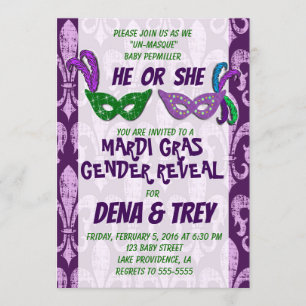 Gender Reveal Invitation, Marid Gras Gender Reveal Invitation