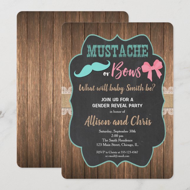 Gender reveal invitation moustache or bows (Front/Back)