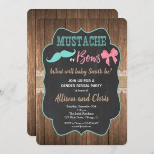 Gender reveal invitation moustache or bows