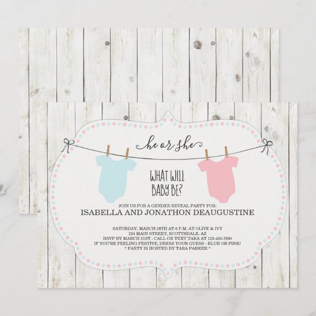 Gender Reveal Invitation | Rustic Clothesline (Front/Back)