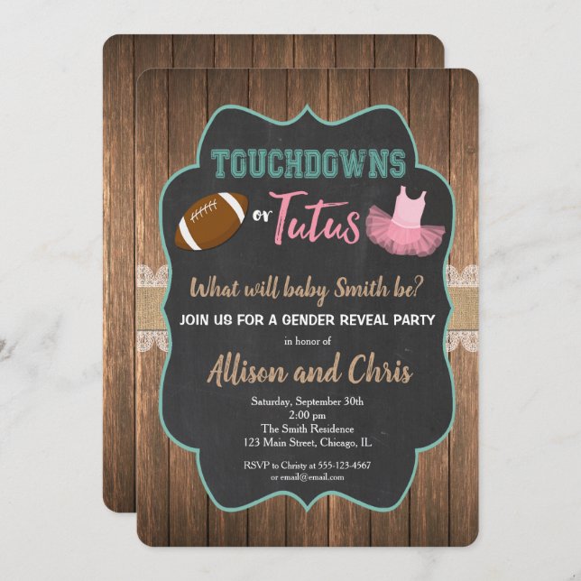 Gender reveal invitation touchdown or tutus (Front/Back)