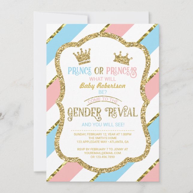 Gender Reveal Invite, Prince, Princess, Faux Gold Invitation (Front)
