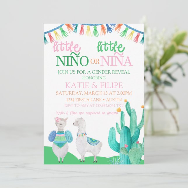 Gender Reveal Nina or Nino Llama Fiesta Baby Holiday Card (Standing Front)