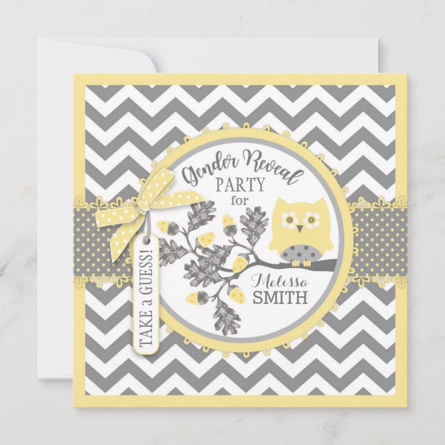 Gender Reveal Owl Chevron Print Baby Shower Party Invitation (Front)