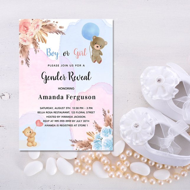 Gender reveal pampas grass teddy bear luxury invitation (Creator Uploaded)