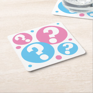 Gender reveal party baby boy or girl pink and blue square paper coaster