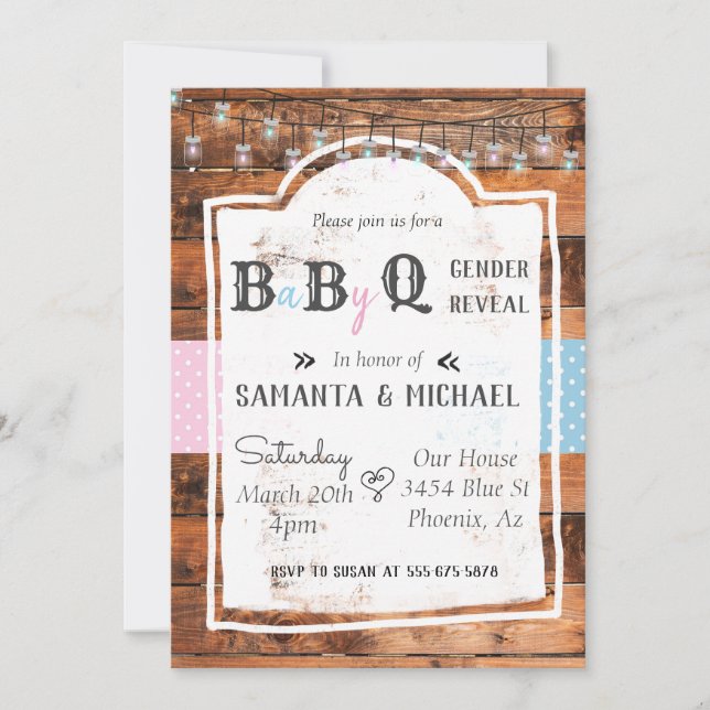 Gender Reveal Party BBQ Rustic Wood Country Invitation (Front)