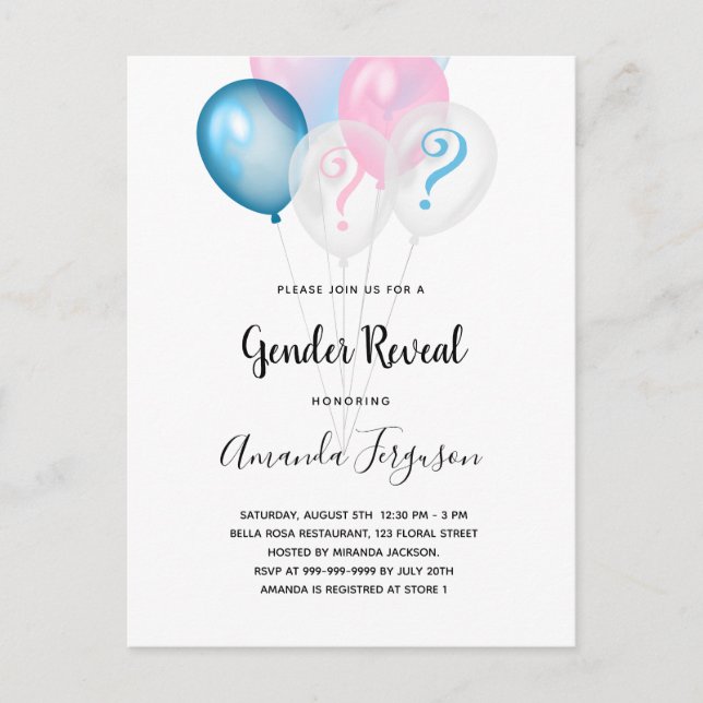 Gender reveal party blue pink boy girl invitation postcard (Front)
