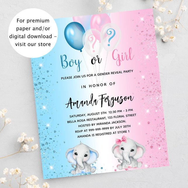 Gender reveal party blue pink budget invitation (Creator Uploaded)