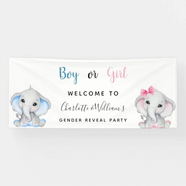 Gender reveal party boy girl blue pink elephant banner (Horizontal)
