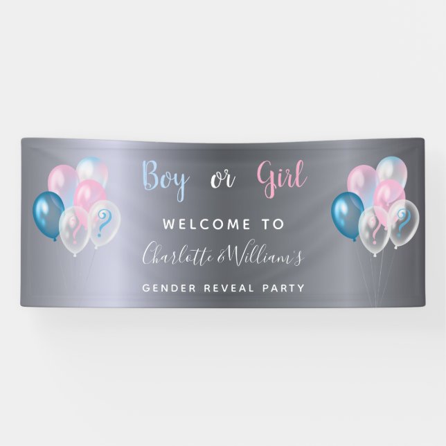 Gender reveal party boy girl blue pink silver banner (Horizontal)