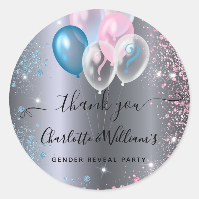 Gender reveal party boy girl blue pink silver  classic round sticker (Front)