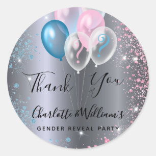 Gender reveal party boy girl blue pink silver classic round sticker