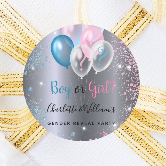 Gender reveal party boy girl blue pink silver classic round sticker (Creator Uploaded)