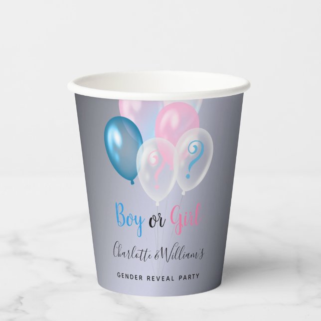 Gender reveal party boy girl blue pink silver paper cups (Front)