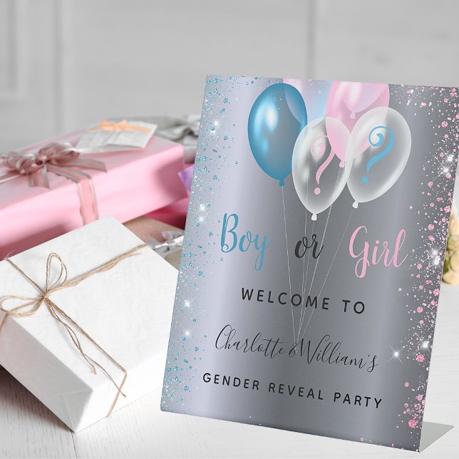 Gender reveal party boy girl blue pink silver pedestal sign (Creator Uploaded)
