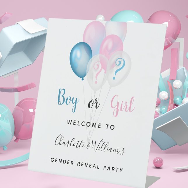 Gender reveal party boy girl blue pink welcome  pedestal sign (Creator Uploaded)