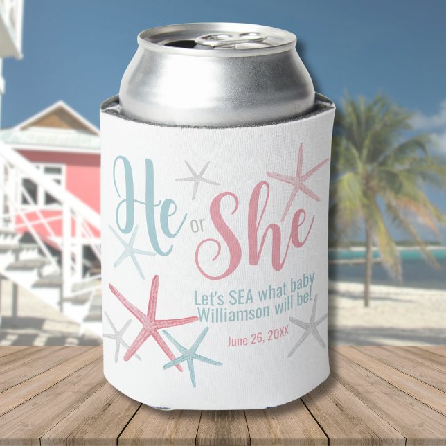 Gender Reveal Party Can Cooler (Cute Pink Blue He She Summer Gender Reveal Party Can Cooler)