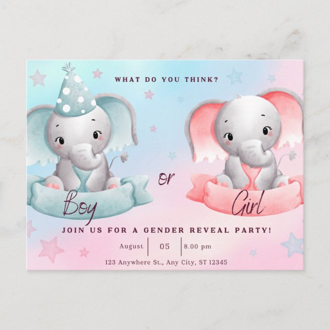 gender reveal party, he or she postcard (Front)