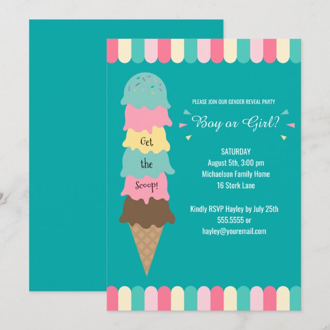 Gender Reveal Party Heres the Scoop Ice Cream Teal Invitation (Front/Back)