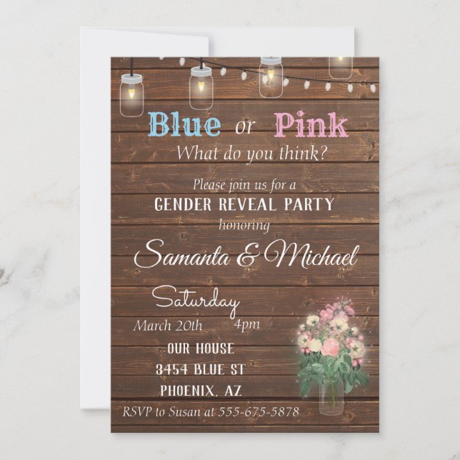 Gender Reveal Party Invite Wood Rustic Lights (Front)