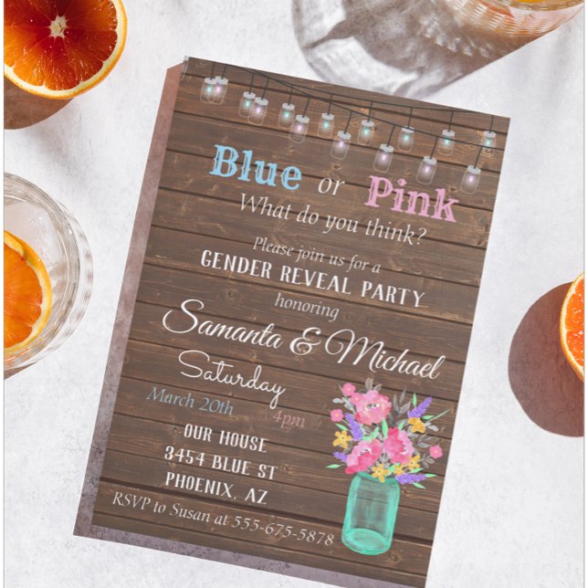 Gender Reveal Party Mason Jar Wood Rustic Lights Invitation (Creator Uploaded)