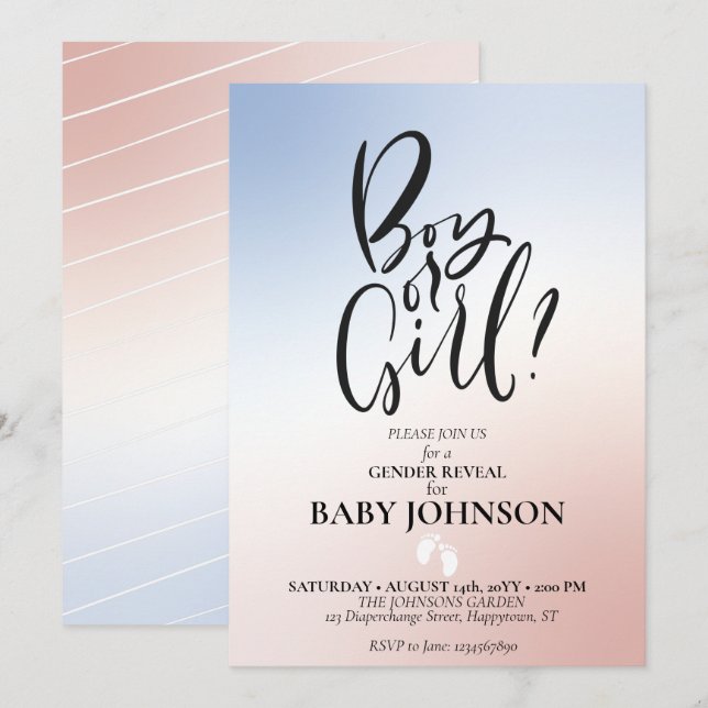 Gender Reveal Party Ombre Invitation. Boy or Girl Invitation (Front/Back)