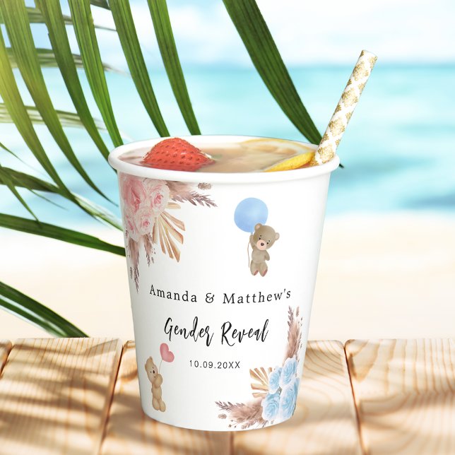 Gender reveal party pampas teddy bear boy girl paper cups (Creator Uploaded)