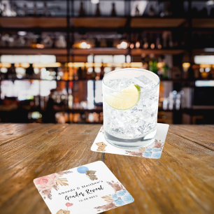 Gender reveal party pampas teddy bear boy girl square paper coaster