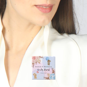 Gender reveal party pampas teddy bear pink blue 15 cm square badge