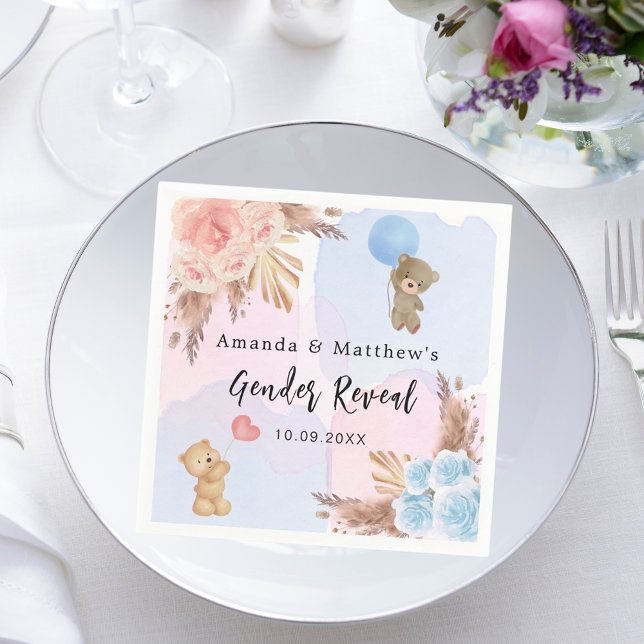 Gender reveal party pampas teddy bear pink blue napkin (Creator Uploaded)