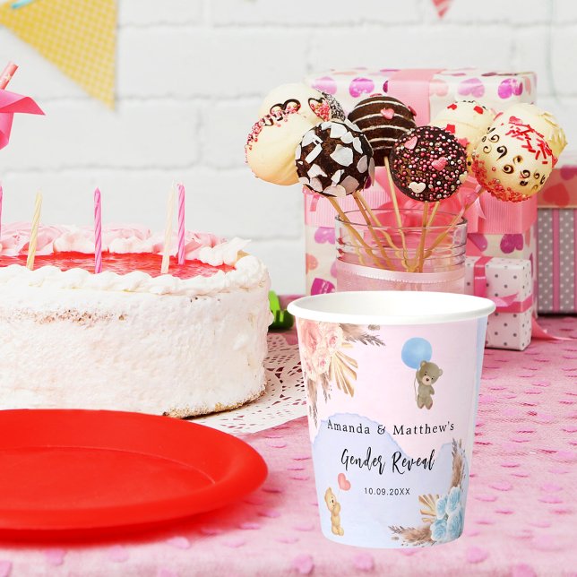 Gender reveal party pampas teddy bear pink blue paper cups (Creator Uploaded)