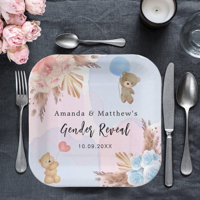 Gender reveal party pampas teddy bear pink blue paper plate (Creator Uploaded)