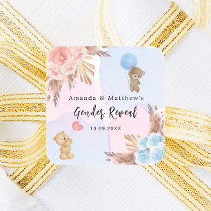 Gender reveal party pampas teddy bear pink blue square sticker