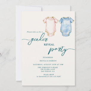 gender reveal party pink and blue baby suits invitation