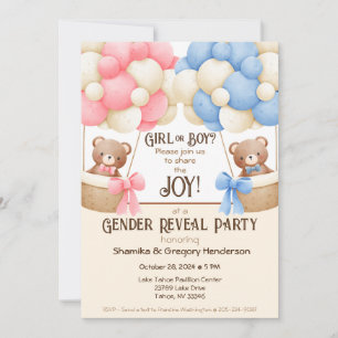 Gender Reveal Party Pink & Blue Balloon Bears  Invitation
