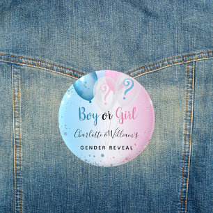 Gender reveal party pink blue boy girl balloons 6 cm round badge